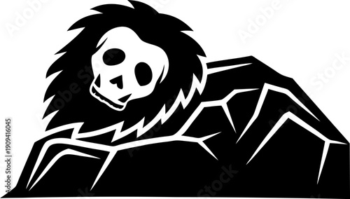 lion skull resting on rock with mane, black and white illustration, wild animal skeleton design