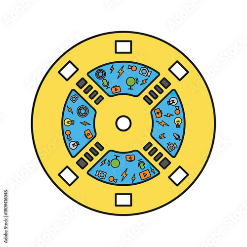 A yellow disc contains blue inner shapes with media icons, and blocks. Four corner squares