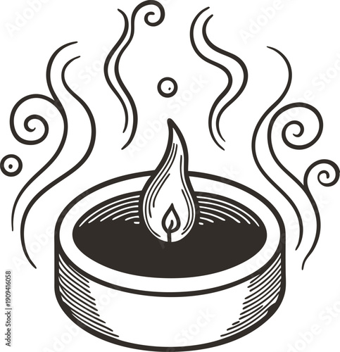 Burning candle with smoke trails, simple black and white illustration for relaxation and meditation atmosphere