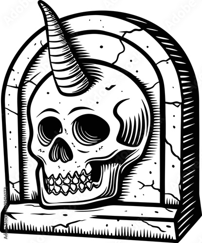 skull with unicorn horn mounted on cracked stone plaque gothic dark fantasy, mythical creature with detailed bone and texture design