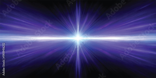 Explosion of vibrant purple and blue light beams radiating from a central bright white core, creating a tunnel or wormhole effect in deep space
