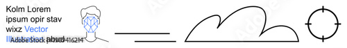 Artificial intelligence, cloud storage, data security, machine learning, facial recognition, targeting systems. Facial outline with recognition pattern, cloud and targeting icon. Facial recognition