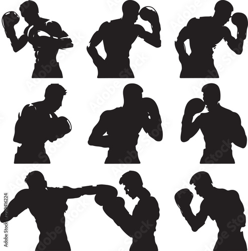 Silhouettes of boxers in various fighting poses and movements