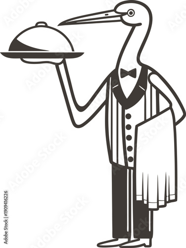 elegant stork waiter holding a tray with cloche and wearing a tuxedo with bow tie and towel