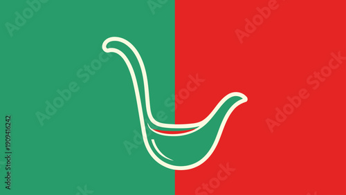 A vertical split background of red and green with a white outline of a ladle in the center