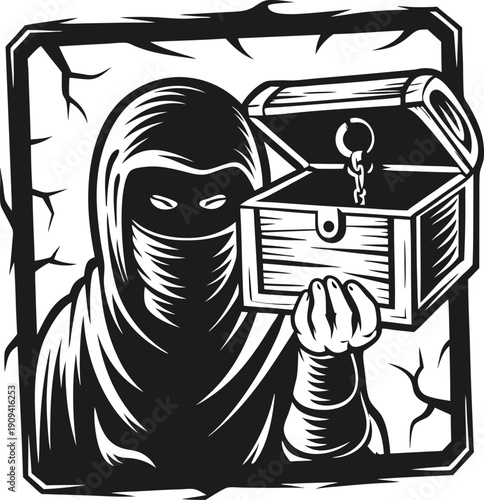 Ninja holding open wooden chest with key inside, stealthy thief and treasure concept illustration