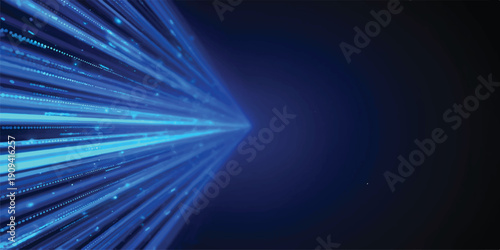 Abstract blue digital streaks and particles moving rapidly towards a vanishing point, representing data transfer and high-speed connection