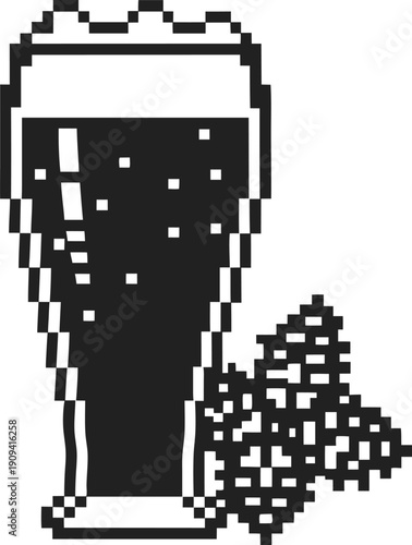 pixel art dark beer glass with foam and hop cones, craft beverage illustration