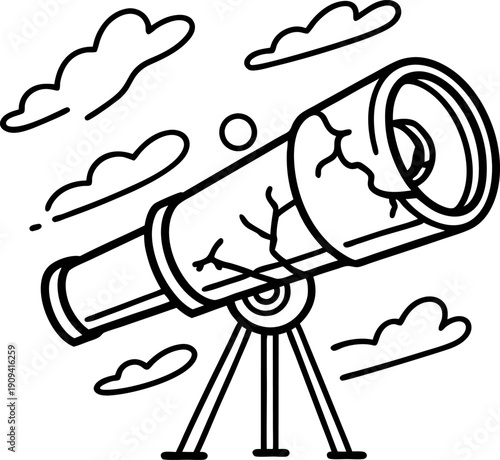 telescope on tripod under cloudy sky, astronomical observation equipment for stargazing and space exploration