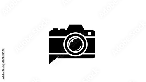 A black and white vector graphic of a camera with a speech bubble-like shape below