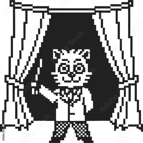 Pixel art cat character standing in front of curtains waving, retro monochrome style, vintage game mascot