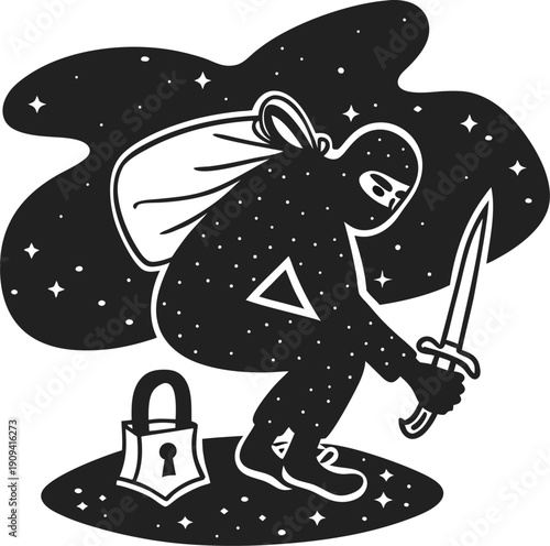 Masked thief with sword carrying sack, crouching near padlock under starry night sky
