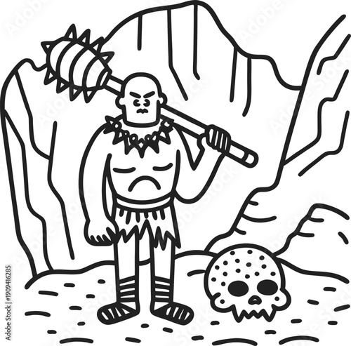 caveman warrior holding spiked club near rocky cave entrance with skull on ground