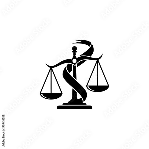 A black and white depiction of scales of justice with a stylized ribbon