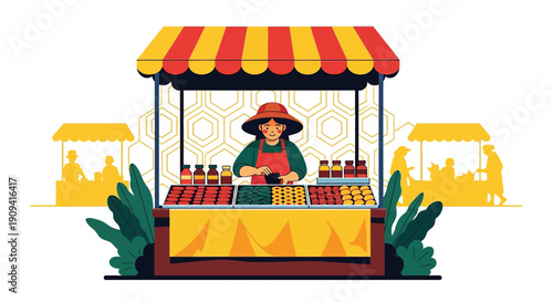 Farmer Selling Fresh Produce at Outdoor Market Stall - Flat Illustration
