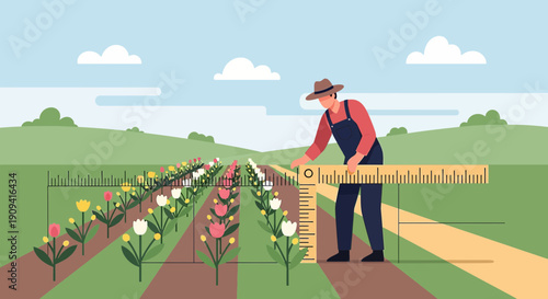 Farmer Measuring Tulip Field with Ruler, Agricultural Precision Concept