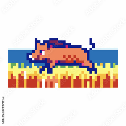 Pixel art wild boar running through field with blue sky in retro gaming