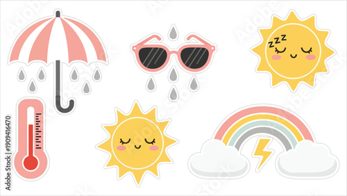 Cute Pastel Weather Icons Set – Hand-Drawn Sun, Rain, Rainbow, Cloud, Thermometer, and Umbrella Vector Illustrations