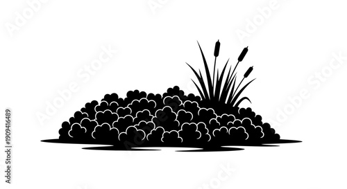 Black silhouette of a small island with reeds and bushes, isolated on a white background, representing nature and wetland plants.