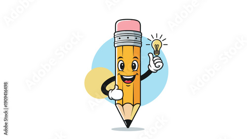 Intelligent cartoon pencil character with a smiling face gives a thumbs up while a glowing lightbulb signifies a new bright idea.