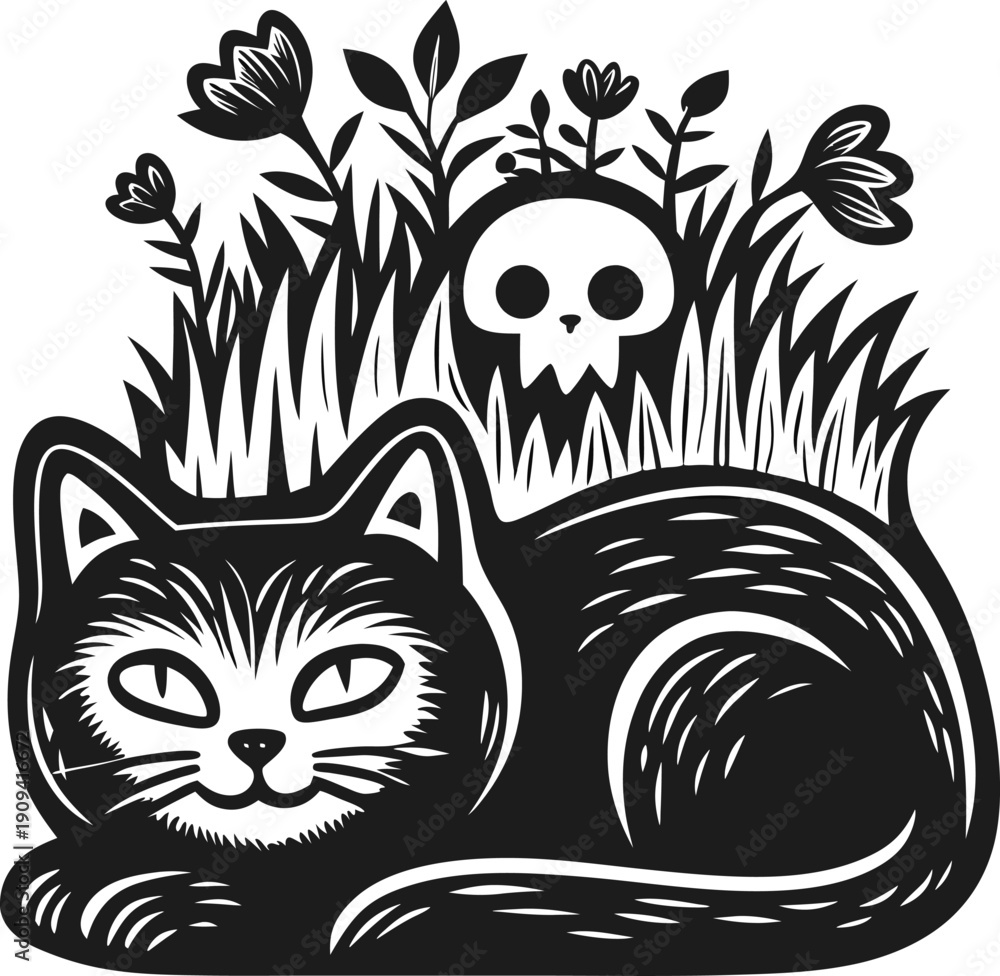Fototapeta premium Black cat resting with grass, flowers, and skull silhouette in a decorative spooky design