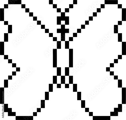 pixel art butterfly in black and white with symmetrical wings, simplistic digital design and retro