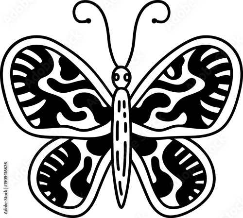 Black and white butterfly illustration with intricate wing patterns and symmetrical design