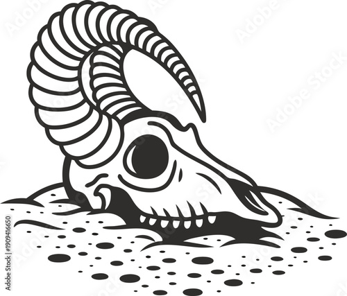 ram skull with curved horns lying on ground in desert landscape illustration