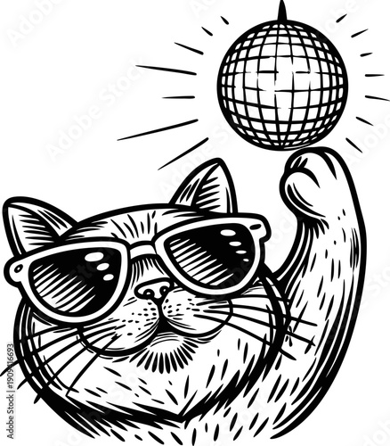 Cool cat wearing sunglasses holding a glowing disco ball, party and music celebration concept