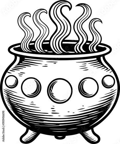 black cauldron with steam rising, mystical vintage witchcraft pot with ornamental circles and curved legs