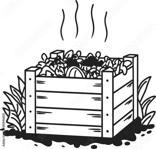 compost bin with organic waste and garden plants, decomposition process and natural recycling of food scraps