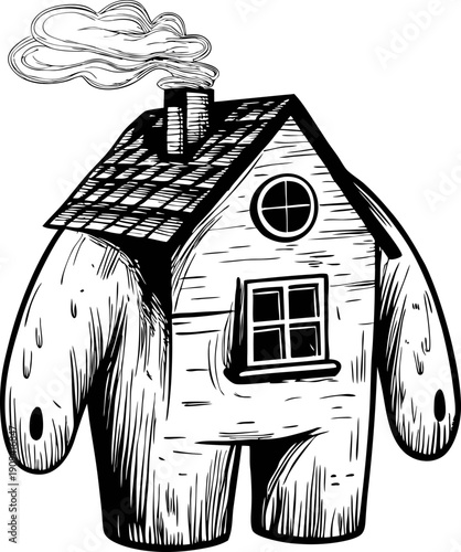whimsical wooden house character with arms, chimney smoke, style, cozy warm home concept