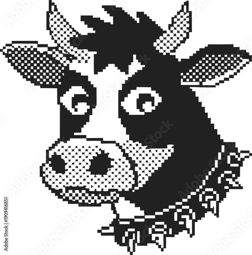 Pixel art black and white cow head with spiked collar, retro digital farm animal illustration