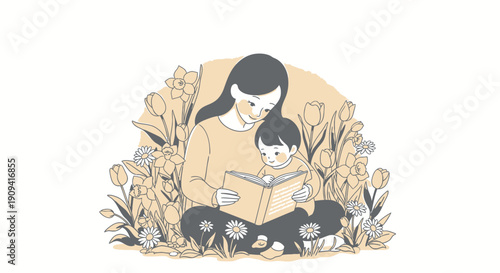 Vector illustration of mother and child reading book with dogs in garden, for website or social media, isolated on transparent background, png