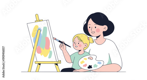 Mother and child painting on canvas with watercolor, illustration for art class or educational materials, isolated on transparent background, png