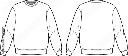 Blank crewneck sweatshirt front and back view, long sleeve pullover mockup template isolated on white background vector illustration