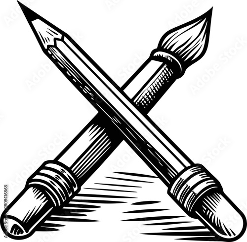 pencil and paintbrush crossed illustration in black and white drawing and painting art tools concept