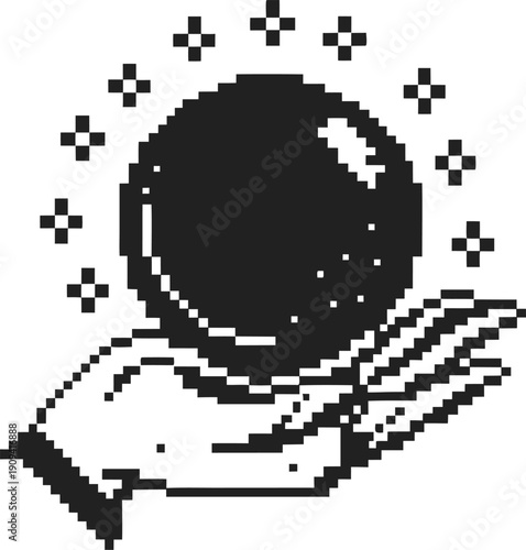 Pixel art hand holding glowing orb with sparkling stars, magical mystical concept