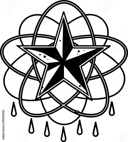 Black and white star emblem with orbit rings and teardrop shapes design