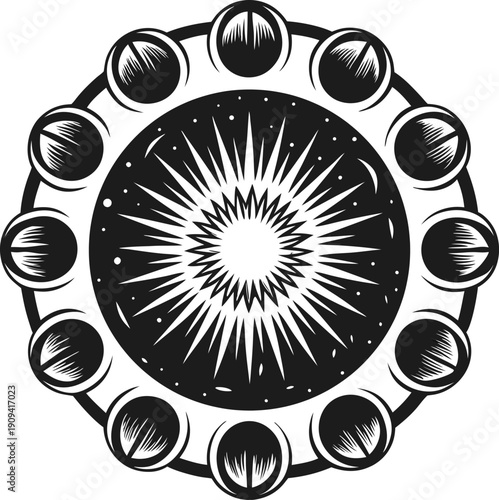 lunar phases circular diagram with sunburst center and starry background in black and white
