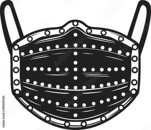 Medieval metal face mask with rivets and protective design for armor and combat use