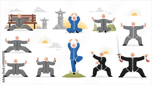  Traditional Chinese Wellness Set – Elderly Men Practicing Tai Chi, Qigong, Meditation, and Martial Arts for Health and Longevity
