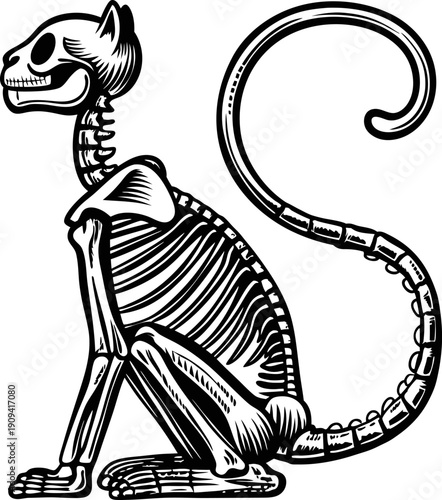 Cat skeleton illustration with exaggerated curved tail, detailed bones, and skull in sitting position