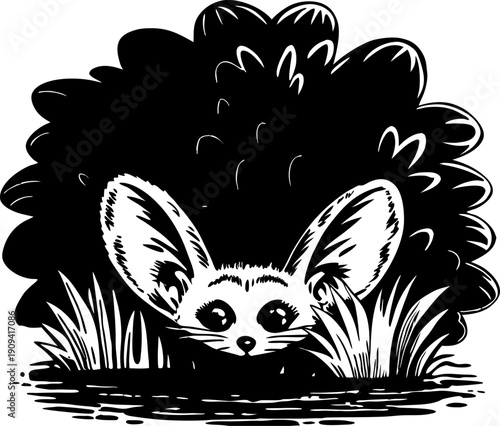 fennec fox peeking from behind bush with large ears, desert animal camouflaged in grass and shrubs