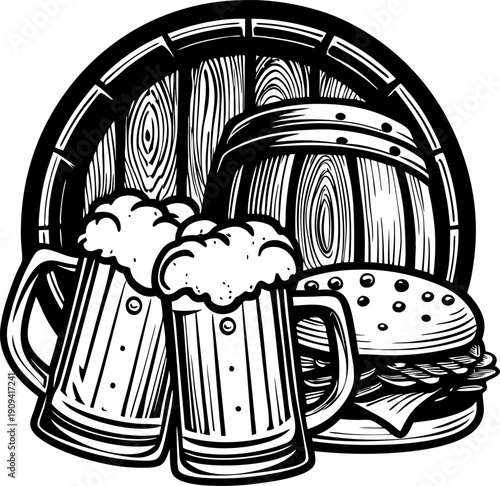Two frothy beer mugs with a cheeseburger in front of a wooden barrel, classic pub food and drink illustration