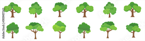 Collection of stylized green trees with brown trunks and lush foliage on a white background