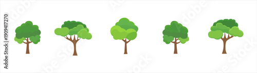 Collection of five stylized green trees with brown trunks on a white background