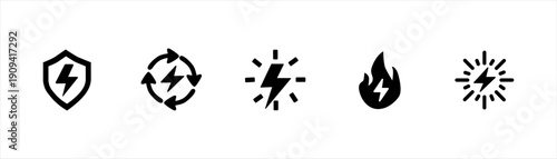 Collection of five black lightning bolt icons representing energy and power concepts