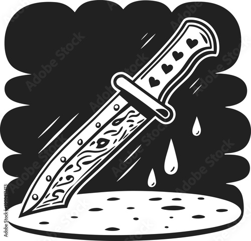 dagger with ornate blade piercing surface with drops falling, dark background illustration