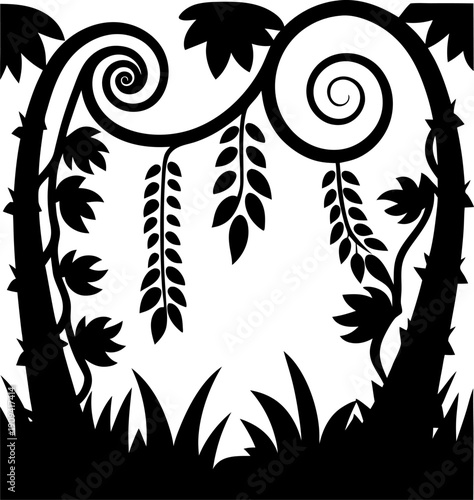 Curved thorny vines with hanging leaves and surrounding grass silhouette design in black and white